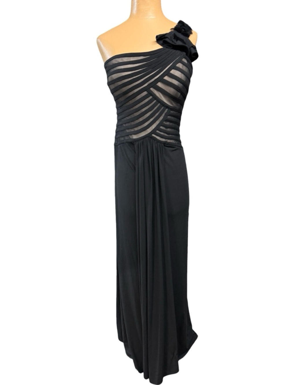Elegant One-Shoulder Black Maxi Dress with Sheer Stripe Bodice